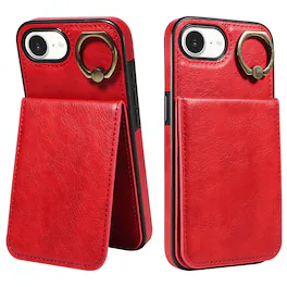 Dteck - for Apple iPhone 17e / 16e Wallet Case,Slim Shockproof Lychee Texture Leather with 360 Ring Stand & Card Holder Cover - Red