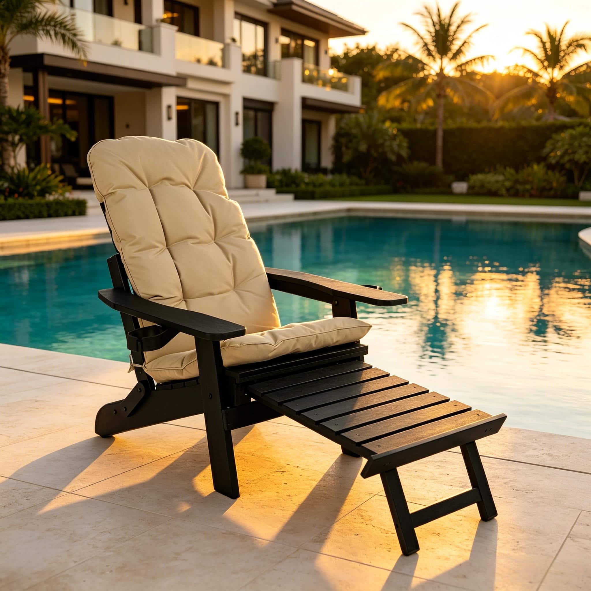 Fortune Candy - Folding Adirondack Chair w/Cupholders, Ottoman & Cushion, Adjustable Backrest for Patio, Porch, Beach - Black