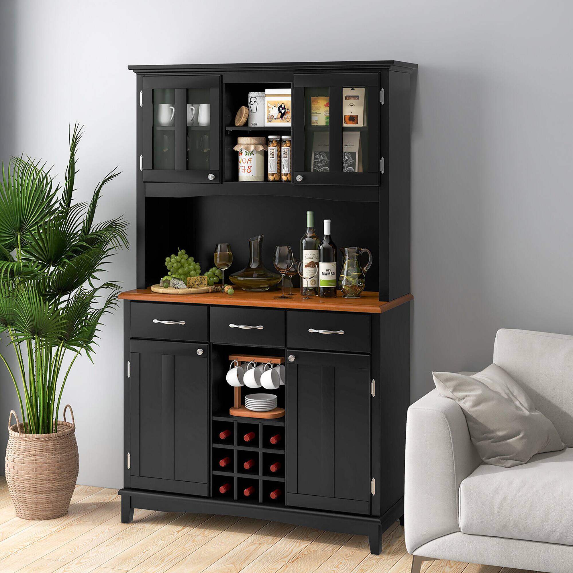 Alt View 3. Gymax - Gymax Buffet And Hutch Kitchen Storage Cabinet Cupboard w/ Wine Rack & Drawers Black - Black.
