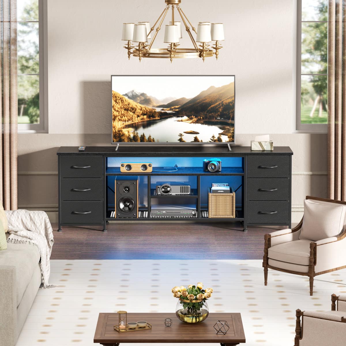 Furnulem - 63 In Modern LED TV Stand with Power Outlets 6 Drawer Entertainment Center Media Console with Storage for Living Room - Black price history on PriceWatchPro