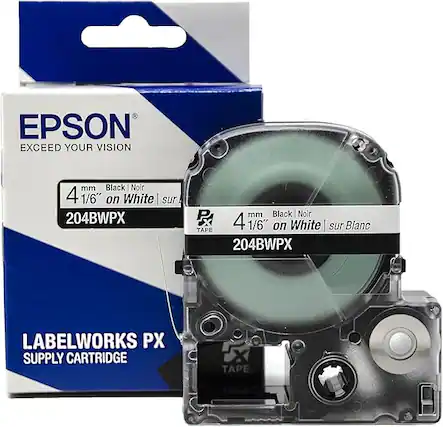 EPSON
EXCEED YOUR VISION
4 mm Black | Noir
1/6" on White | sur Blanc
204BWPX
LABELWORKS PX
SUPPLY CARTRIDGE
