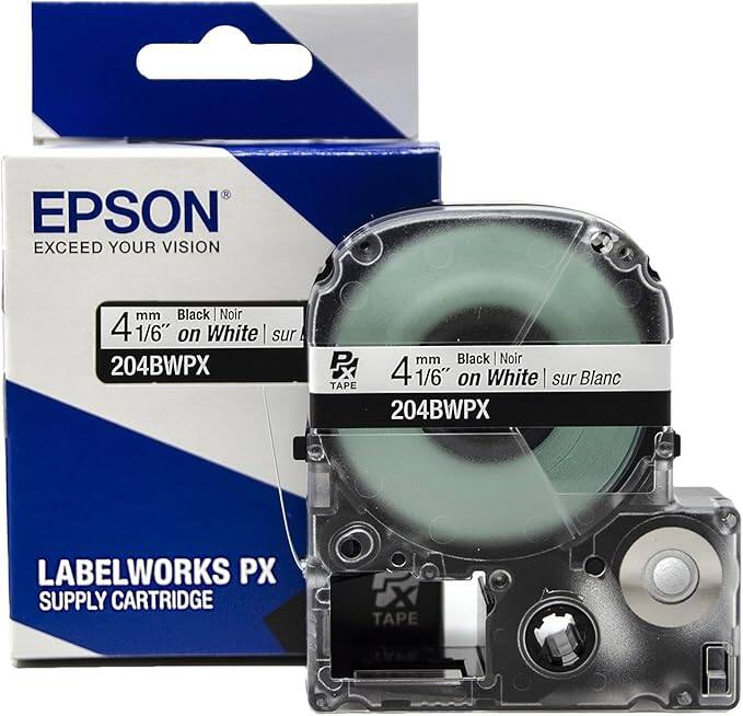 EPSON  
EXCEED YOUR VISION  

4 mm Black | Noir  
1/6" on White | sur Blanc  
204BWPX  

LABELWORKS PX  
SUPPLY CARTRIDGE
