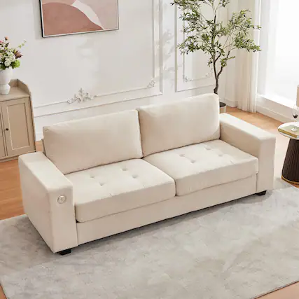 Front. Babevy - 90" Loveseat Sofa with USB Ports, Side Storage Pocket, Chenille Fabric Removable Cover - Beige.