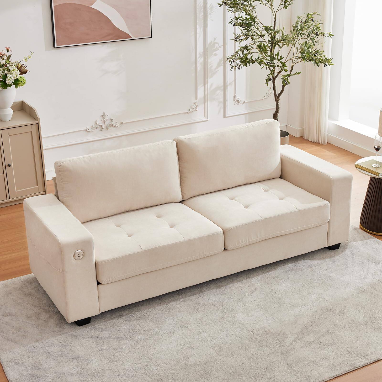 Front. Babevy - 90" Loveseat Sofa with USB Ports, Side Storage Pocket, Chenille Fabric Removable Cover - Beige.