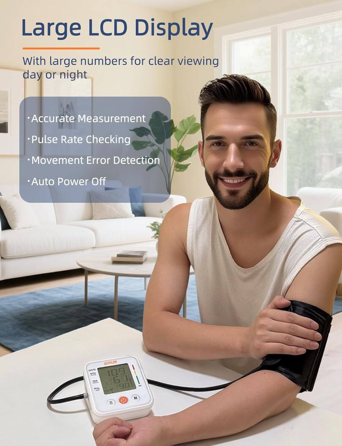 Large LCD Display  
With large numbers for clear viewing day or night  

- Accurate Measurement  
- Pulse Rate Checking  
- Movement Error Detection  
- Auto Power Off  

G7FLIW