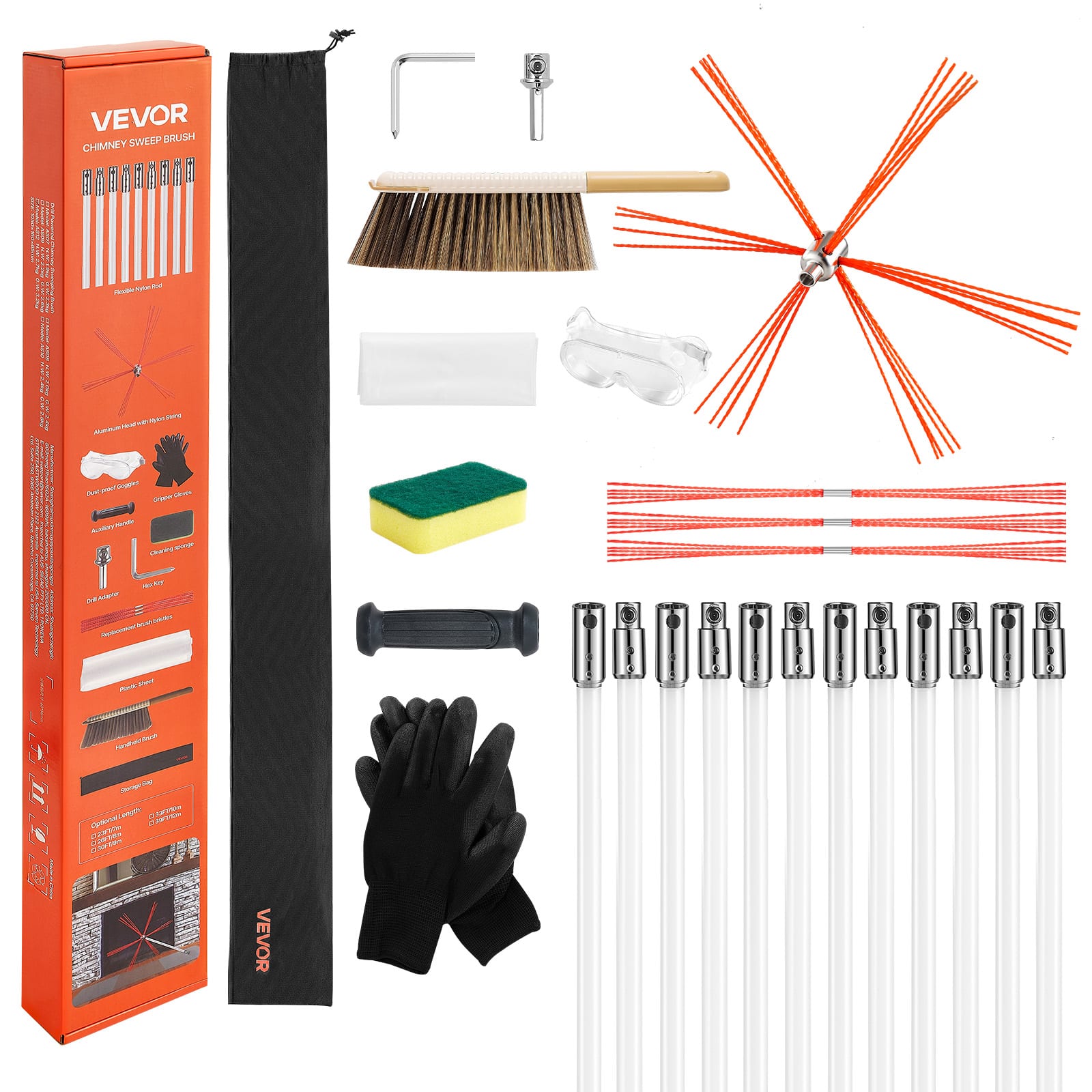 VEVOR - 39 ft Extendable Chimney Cleaning Kit with Bristle Replacements & Safety Goggles, Flexible Design for 90° Angles
