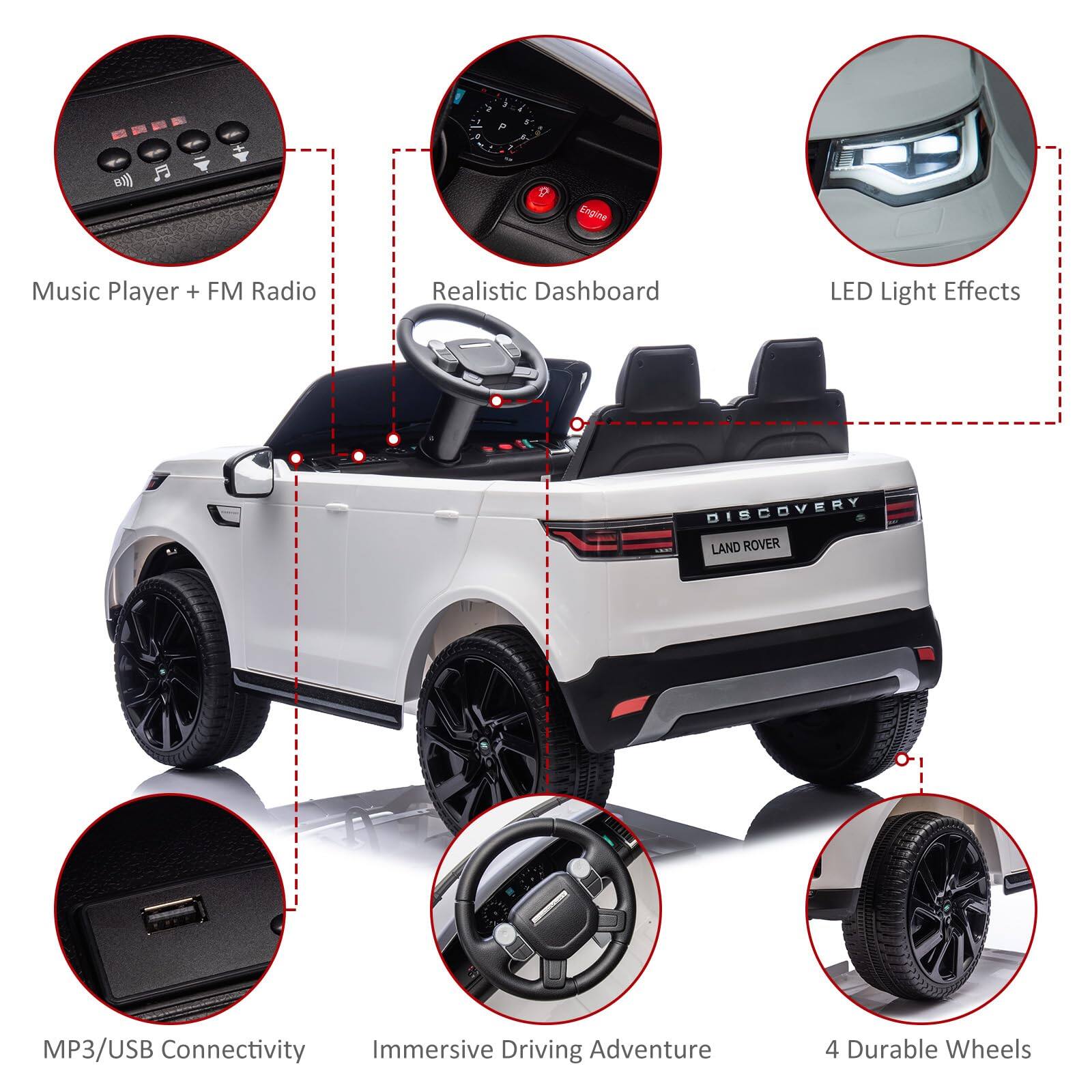 8) 2 in 1 Engine Music Player + FM Radio Realistic Dashboard LED Light Effects DISCOVERY LAND ROVER MP3/USB Connectivity Immersive Driving Adventure 4 Durable Wheels
