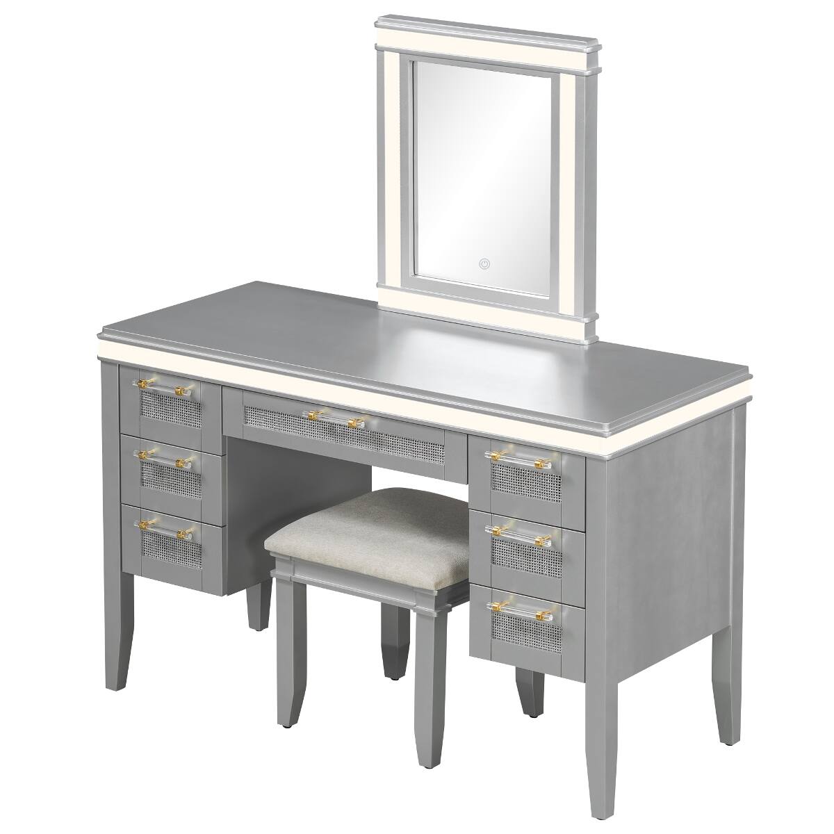 Alt View 10. Loheer - Loheer 48 Inch Makeup Vanity Desk with Mirror and Lights, Seven Drawers, Cushioned Stool, Grayish Blue - Grayish Blue.