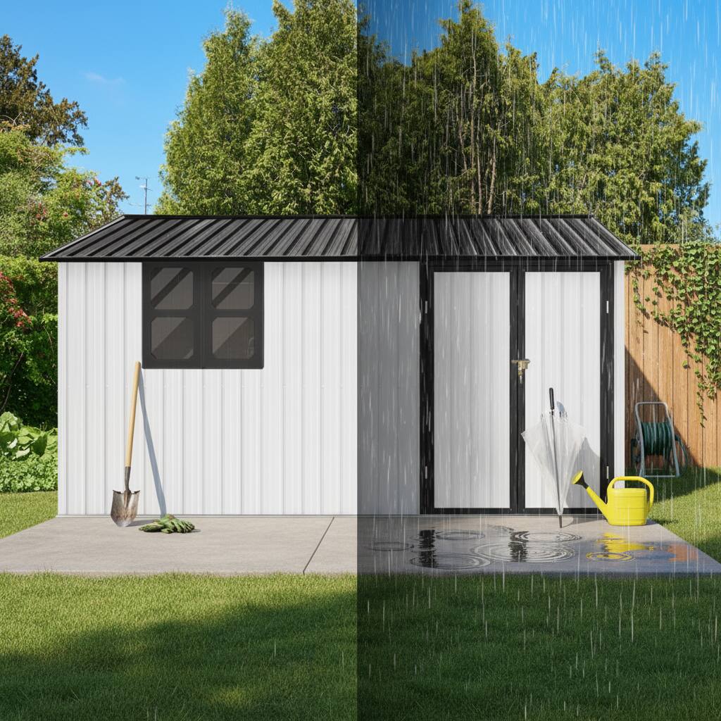 Alt View 7. Loheer - Loheer 12x10ft Metal Garden Shed Outdoor Storage Shed with Window Foldable Worktable and Shelves White Black.