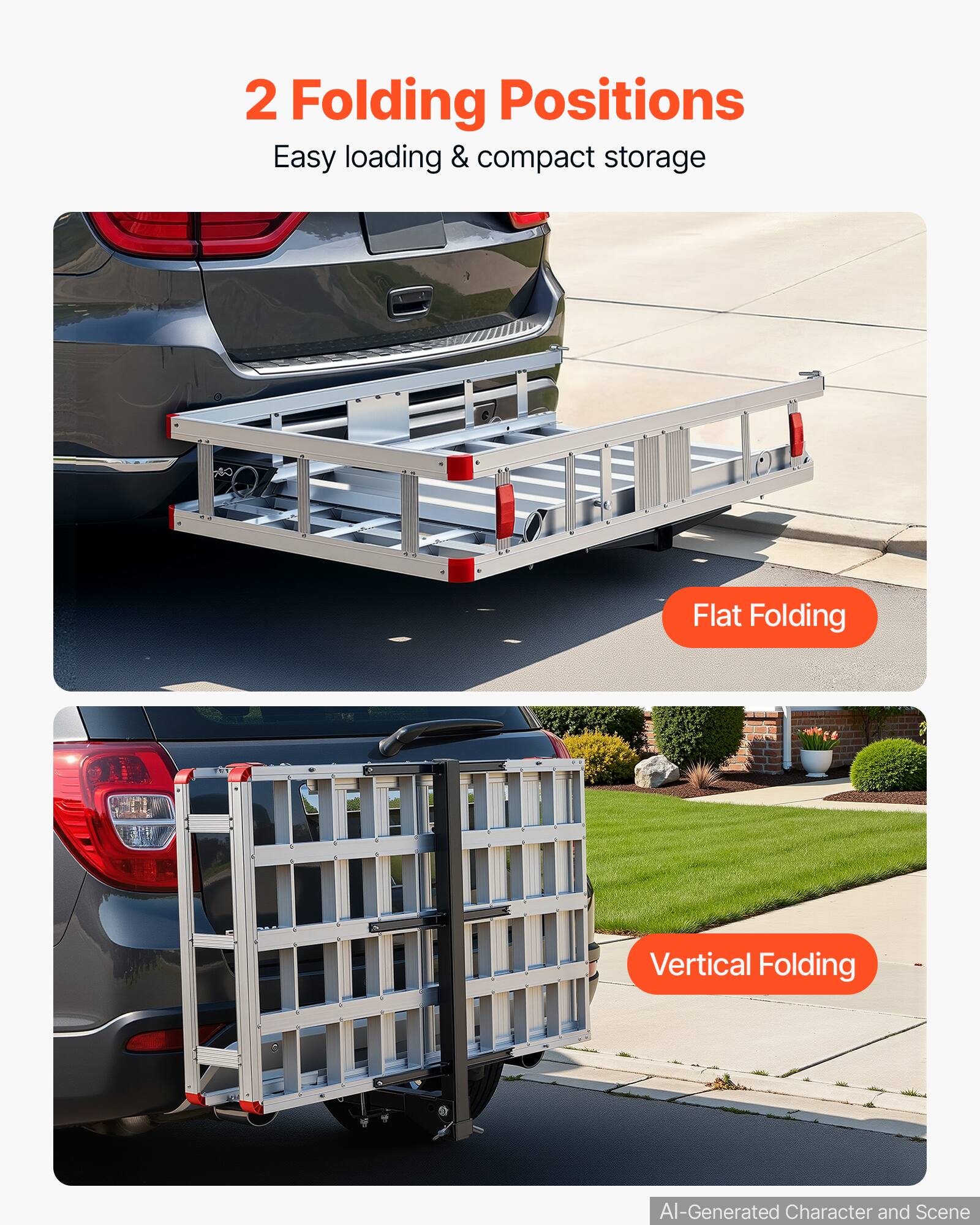 2 Folding Positions  
Easy loading & compact storage  

Flat Folding  
Vertical Folding  

AI-Generated Character and Scene