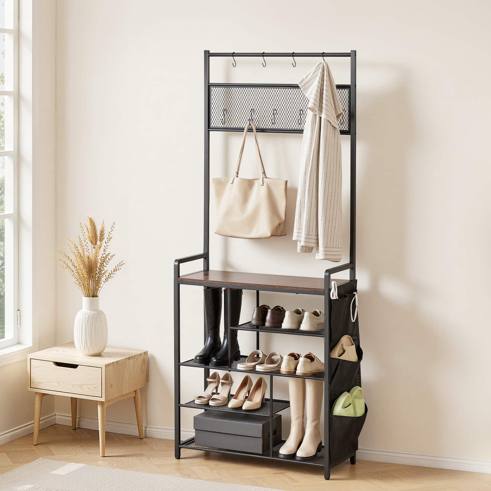 VEVOR - Hall Tree, 70.9 in Coat Rack with Shoe Storage, Freestanding 4-Tier Shoe Rack Organizer with Hooks, Side Pocket - Brown