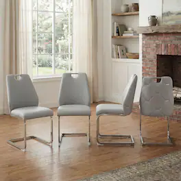 GOODSILO - Set of 4 Modern Faux Leather Dining Chairs with Gold Mesh Texture and Chrome Accents - Light Gray