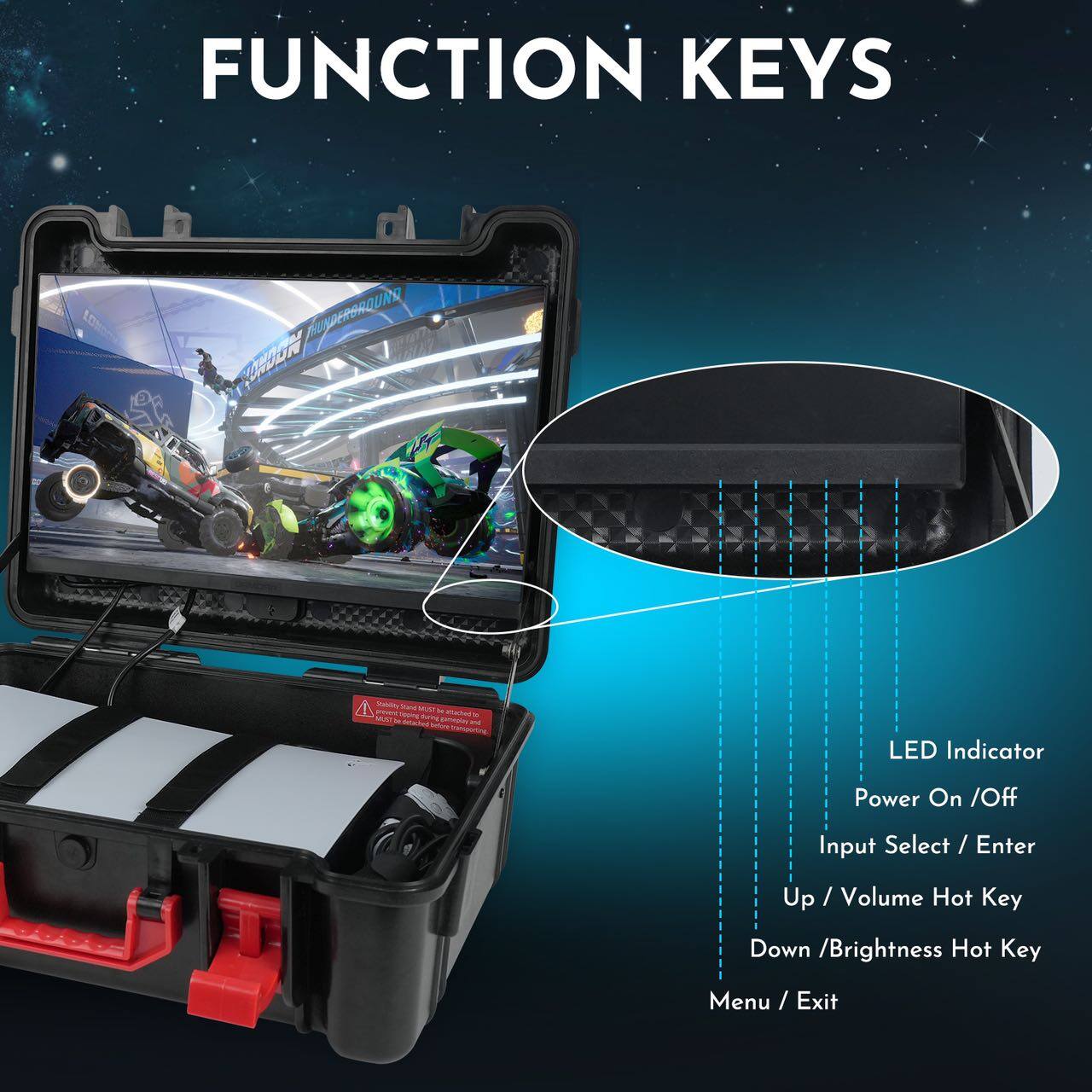 FUNCTION KEYS

- LED Indicator
- Power On / Off
- Input Select / Enter
- Up / Volume Hot Key
- Down / Brightness Hot Key
- Menu / Exit