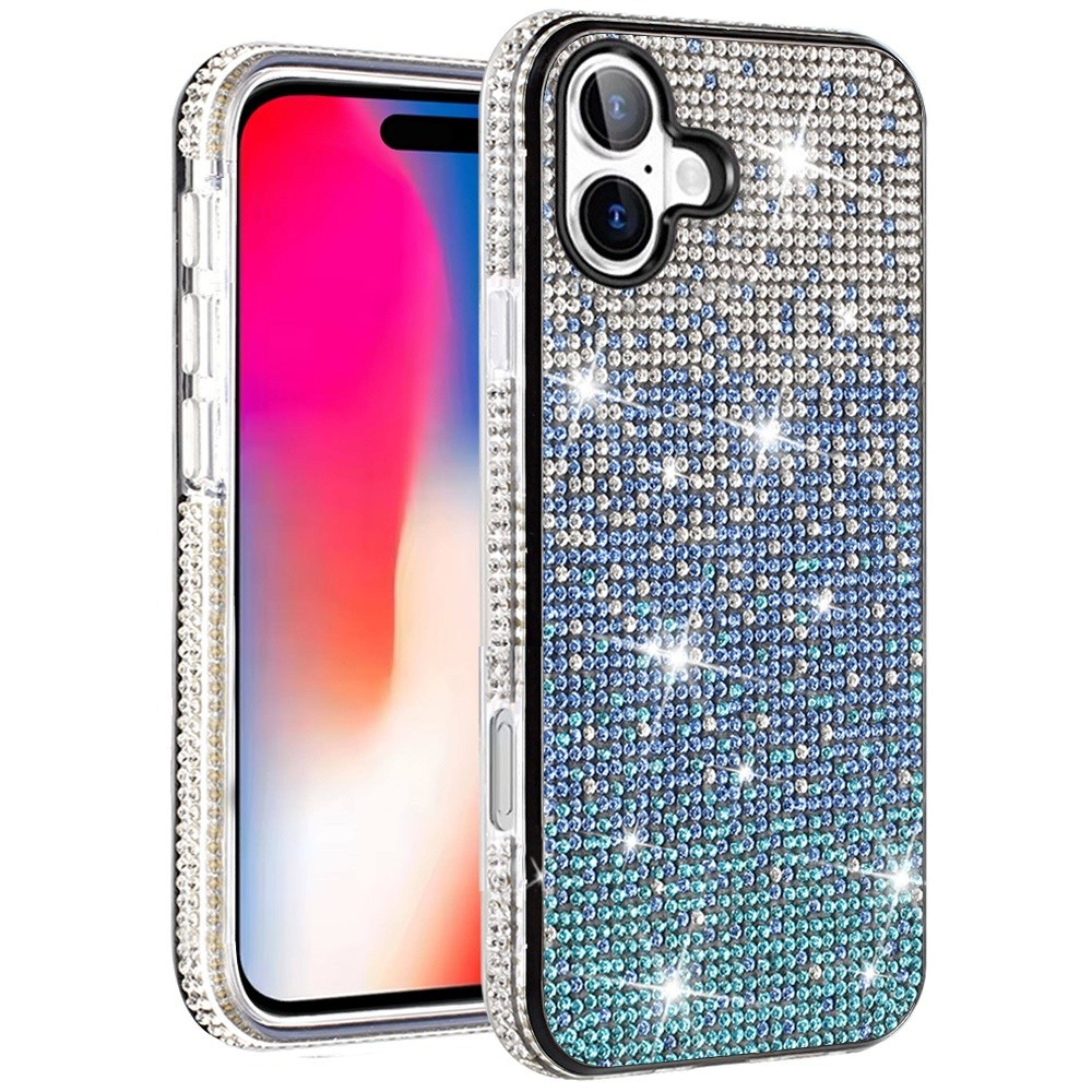 Left. Kitcheniva - Full Bling Diamond Case With Tempered Glass For iPhone 16 Blue - Blue.