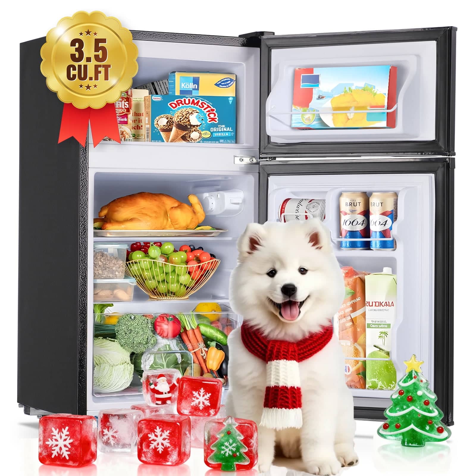 WANAI - Mini Refrigerator with 7-Level Adjustable Thermostat，3.5 Cu.Ft Dual Door Fridge for Home Dorm - Black