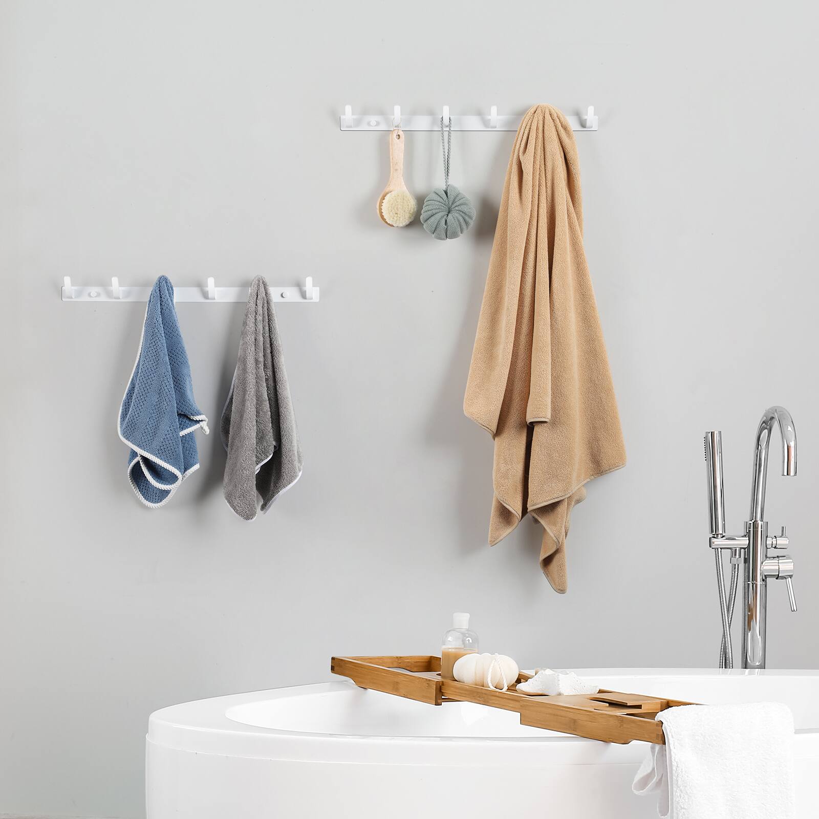 Back. Oumilen - White Metal Wall Coat Rack with 6 Hooks – No Drill Adhesive Hanger for Coats, Hats, Towels, Entryway - White.