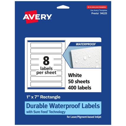 Go to avery.com/templates
AVERY
Use Avery™ Template Presta 94225
WATERPROOF
8 labels per sheet
White
50 sheets
400 labels
1" X 7" Rectangle
Durable Waterproof Labels with Sure Feed Technology for Laser/Pigment-based Inkjet