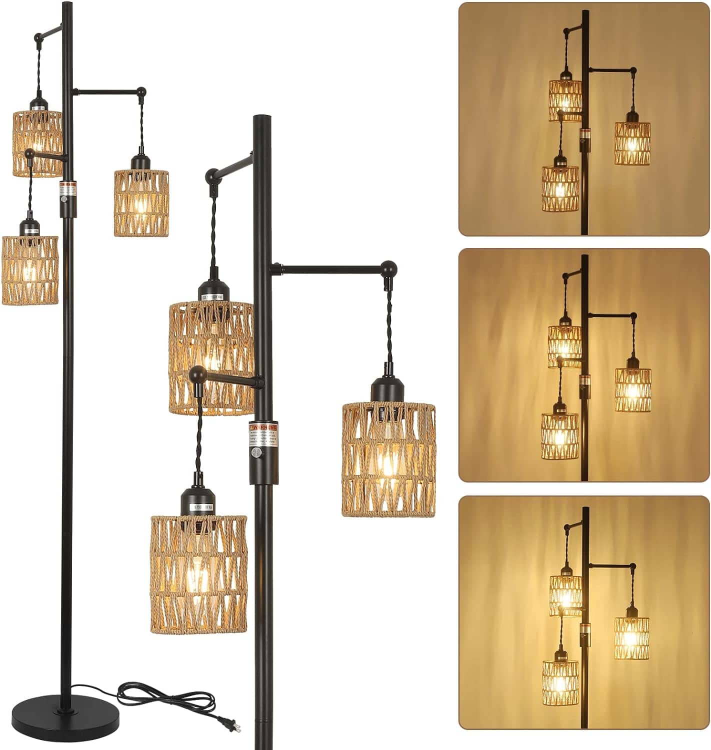 Z-Edge - Dimmable Boho Floor Lamp - 3 Light Farmhouse Rattan Floor Lamp for Living Room, Industrial Tree Floor Lamps for Bedroom - Black