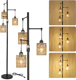 Z-Edge - Dimmable Boho Floor Lamp - 3 Light Farmhouse Rattan Floor Lamp for Living Room, Industrial Tree Floor Lamps for Bedroom - Black