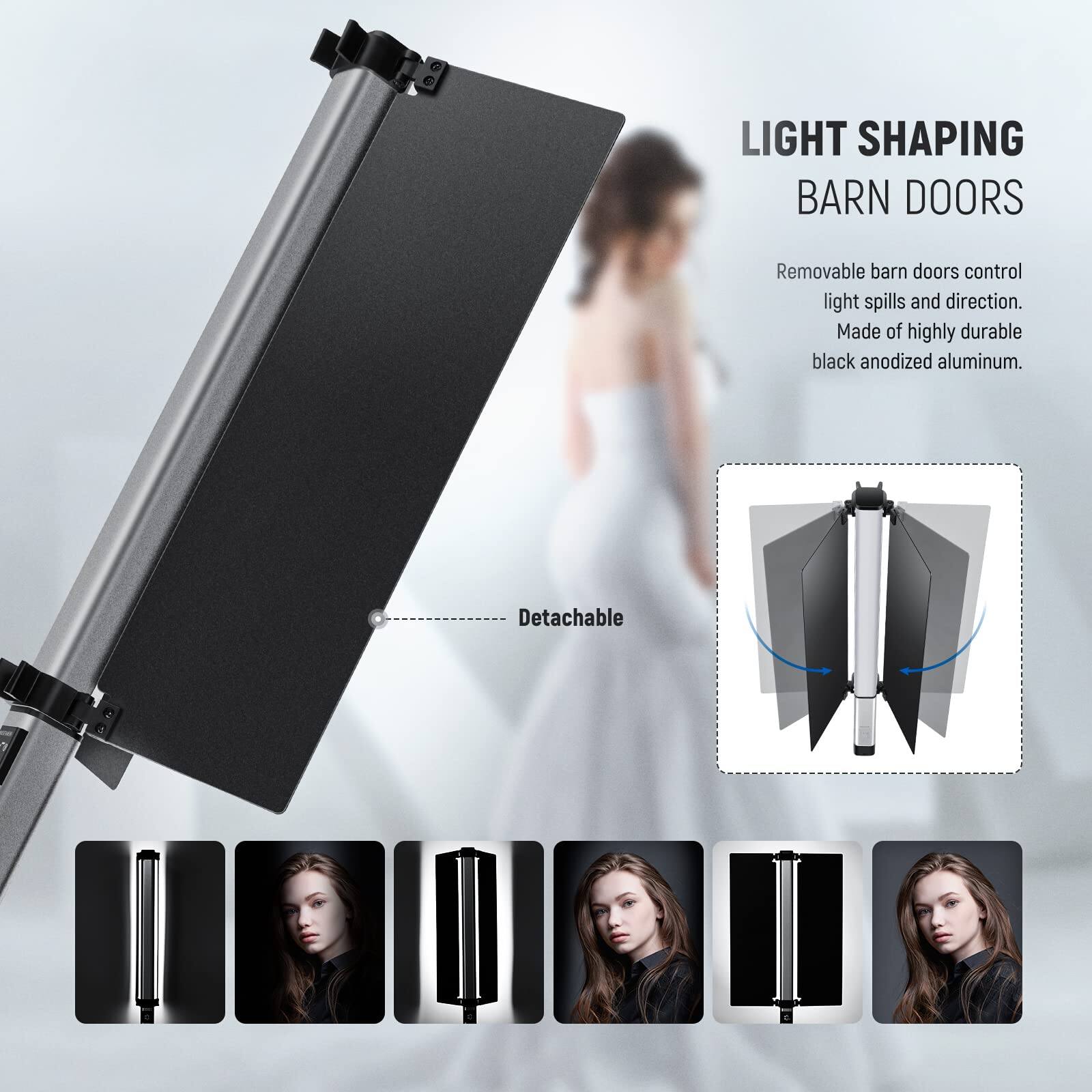 LIGHT SHAPING BARN DOORS

Removable barn doors control light spills and direction. Made of highly durable black anodized aluminum.

Detachable