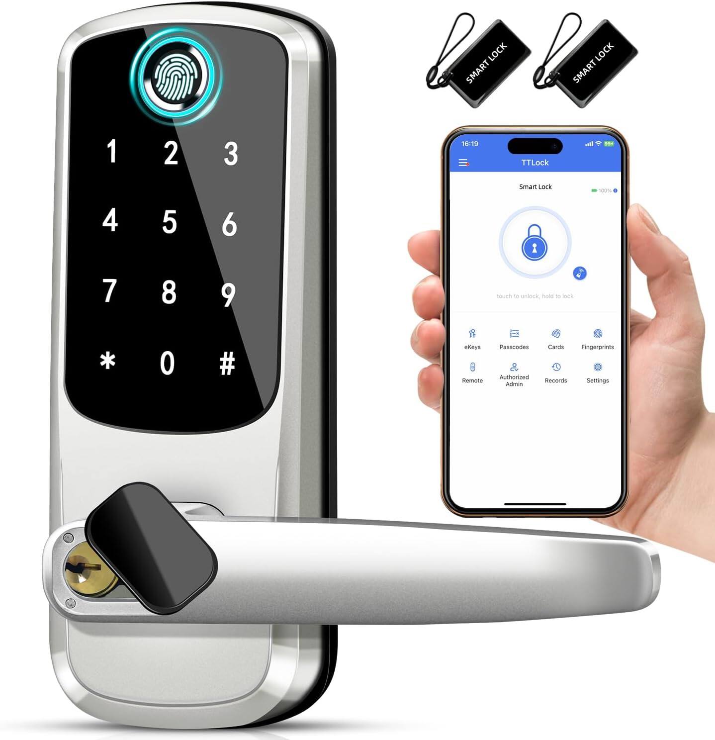Sure, here is the corrected and grouped text from the image:
---
**LOCK SMART LOCK SMART**
1 2 3
4 5 6
7 8 9
* 0 #
TTLock
Smart Lock
touch to unlock, hold to lock
eKeys
Passcodes
Cards
Fingerprints
Remote
Authorized Admin
Records
Settings
---
**SMART LOCK**
**SMART LOCK**