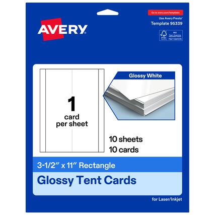 Go to avery.com/templates
Use Avery Presta Template 95339
MX
FSC® C007276
Glossy White
1 card per sheet
10 sheets
10 cards
3-1/2" x 11" Rectangle
Glossy Tent Cards for Laser/Inkjet