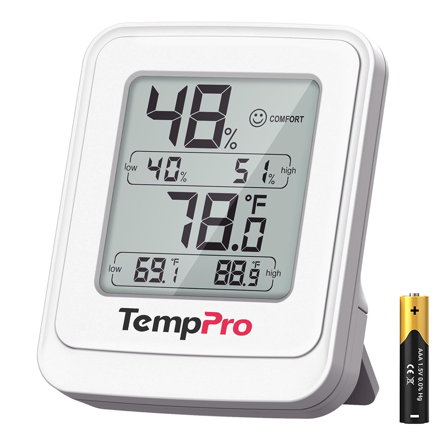 48% COMFORT low 40% 51% high 1% F 78.6°F low 69.1°F high 88.9°F TempPro + AAA 1.5V CE