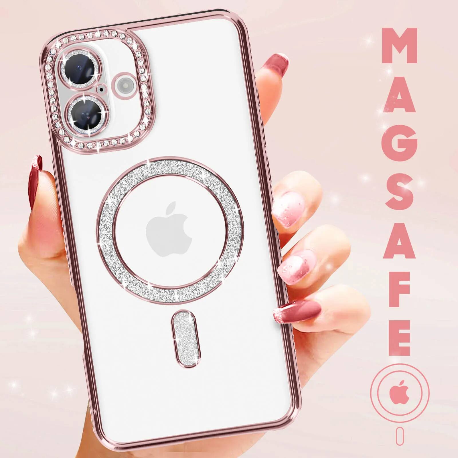 Angle. Entronix - Entronix Magnetic iPhone 16 Case with Clear Back and Luxury Diamonds - Gold.