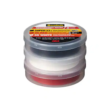 Scotch PROFESSIONAL GRADE 3 PACK!
- Vinilo Electrical Tape SUPER 33+
- 35 RED Vinyl Electrical Tape
- 35 WHITE Vinyl Electrical Tape
- 3 Rolls
- 3/4 IN x 66 FT x 0.07 IN TOTAL 66 YD (60.3 m) (19 mm x 20.1 m x 0.177 mm)
- 3M