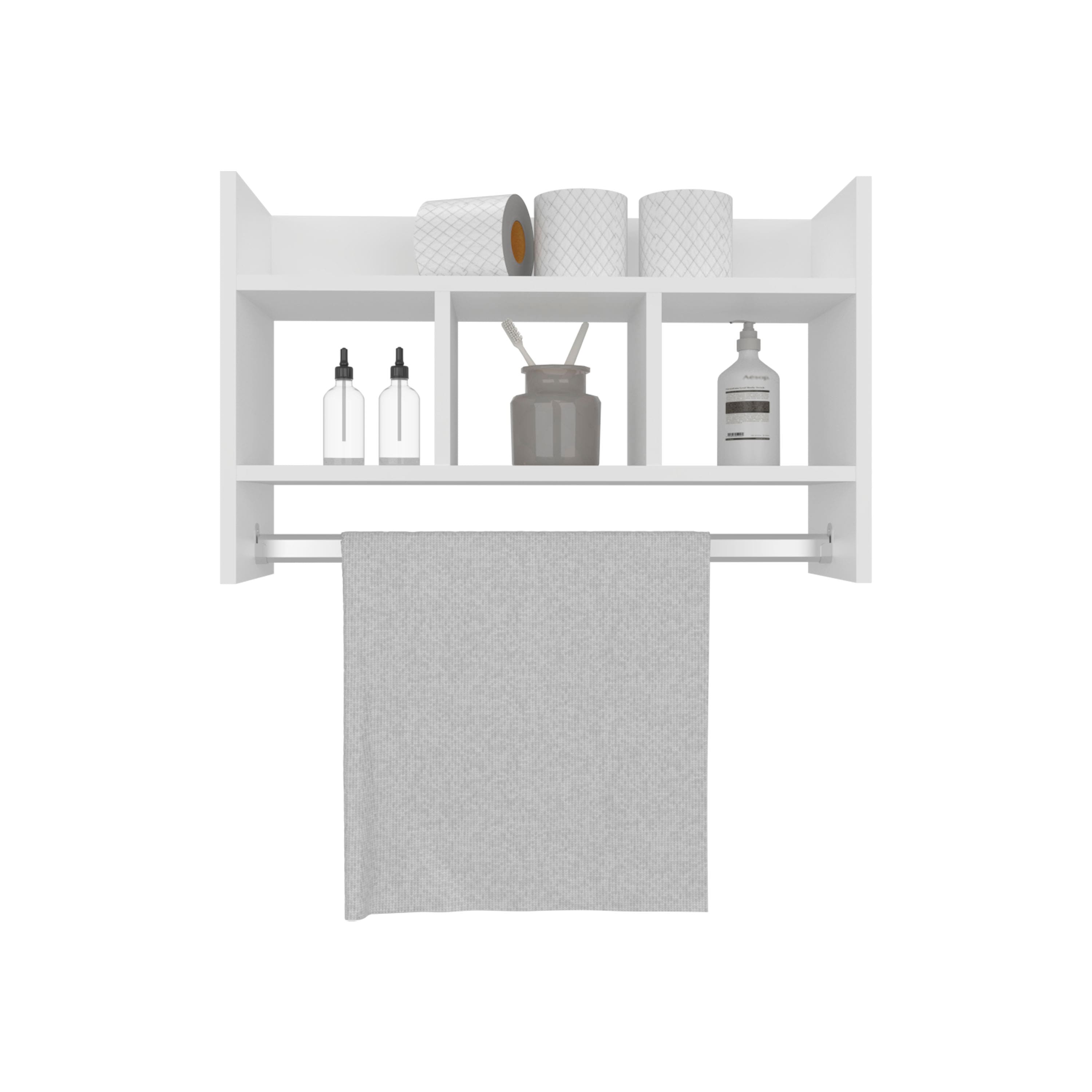 TuHome - Bathroom Wall Shelf with Towel Bar, Compact Storage With A Wide Upper Shelf, Three Comapct Middle Shelves - White