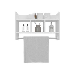 TuHome - Bathroom Wall Shelf with Towel Bar, Compact Storage With A Wide Upper Shelf, Three Comapct Middle Shelves - White