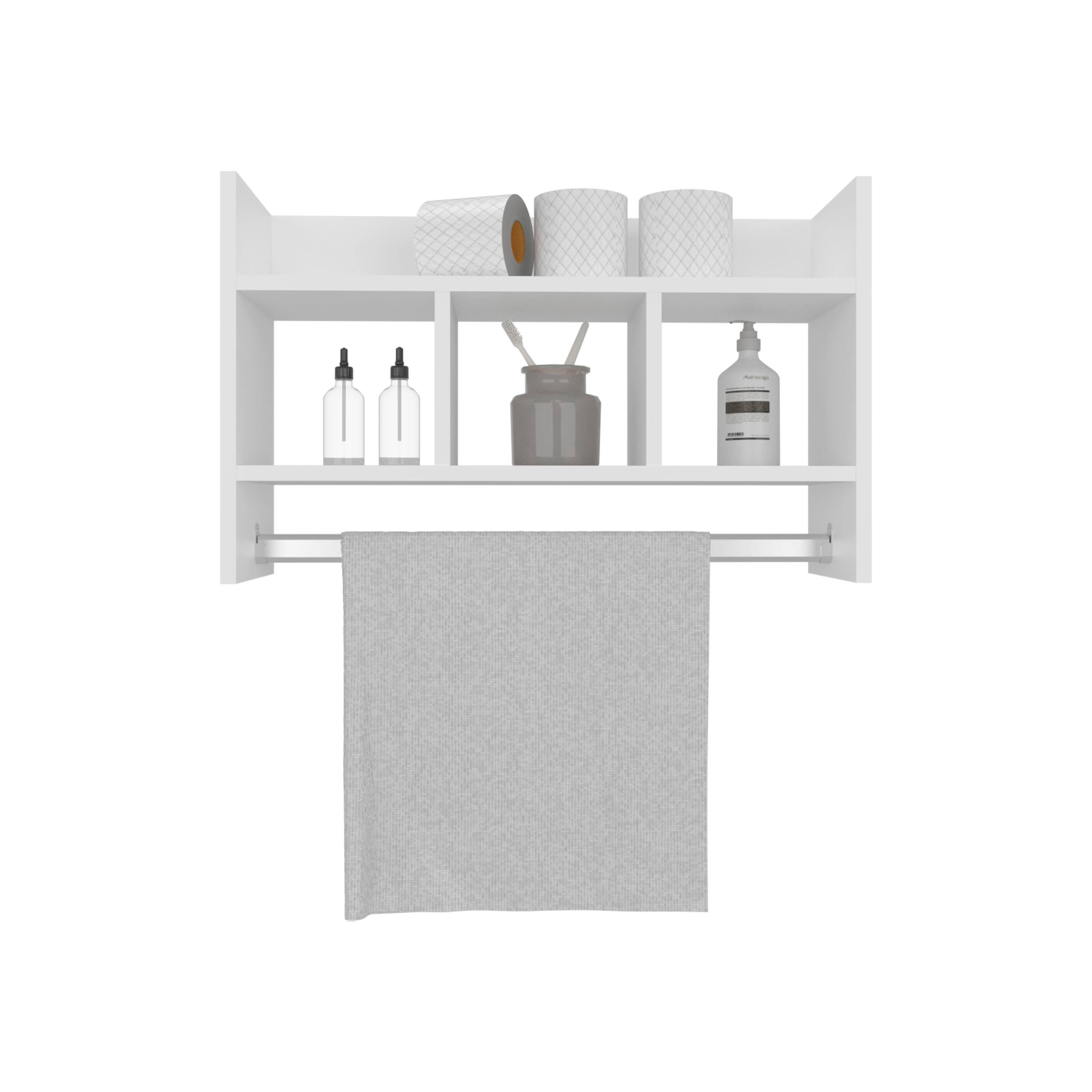 Front. TuHome - Bathroom Wall Shelf with Towel Bar, Compact Storage With A Wide Upper Shelf, Three Comapct Middle Shelves. - White.