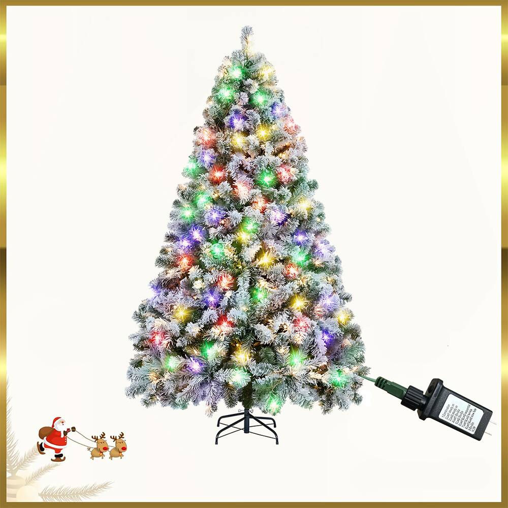MOVSSOU - Christmas Tree 550 Multicolored Lights Snow Flocked Pine Tree 9 Light Lighting Modes Party Decoration - White