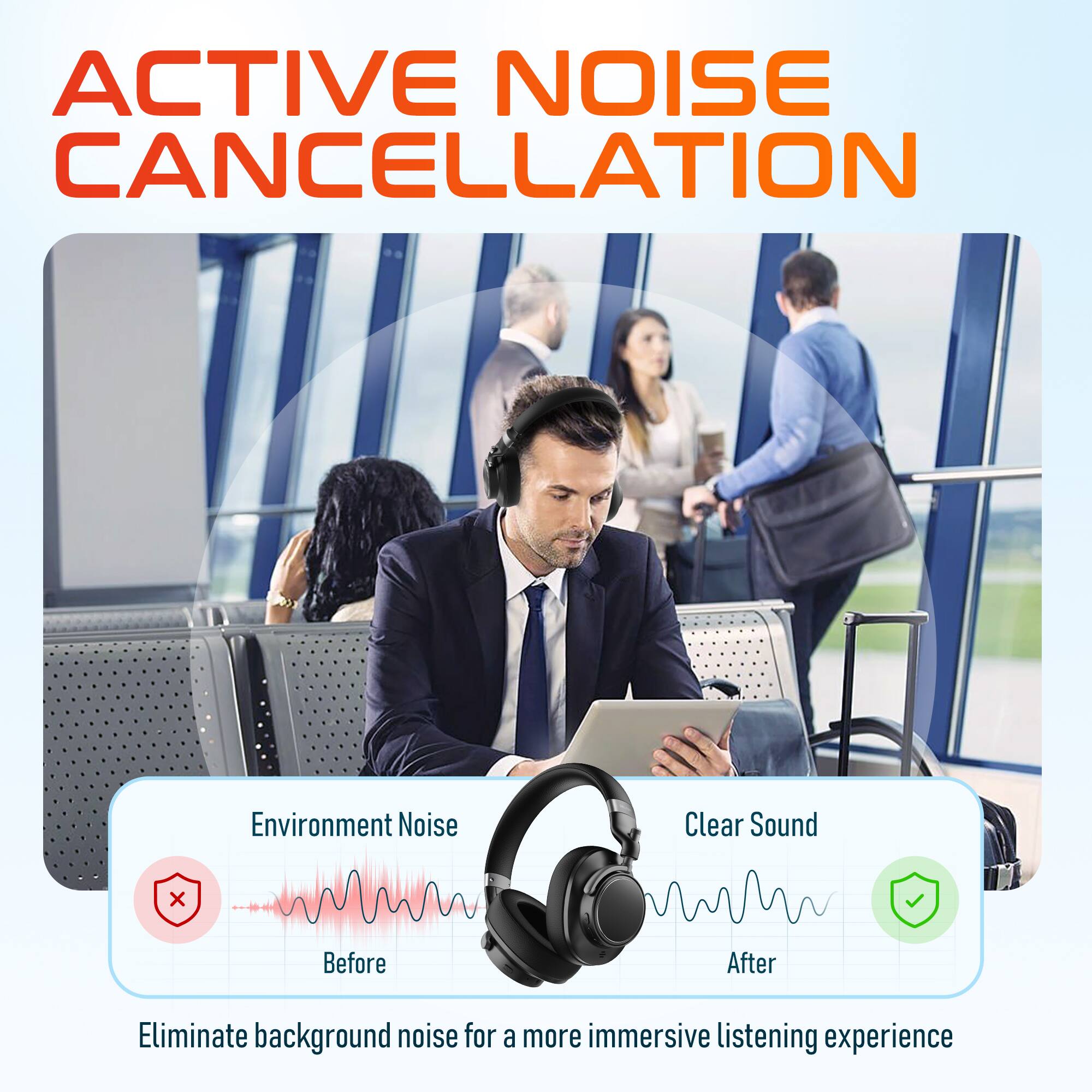 ACTIVE NOISE CANCELLATION

Environment Noise  
Before

Clear Sound  
After

Eliminate background noise for a more immersive listening experience