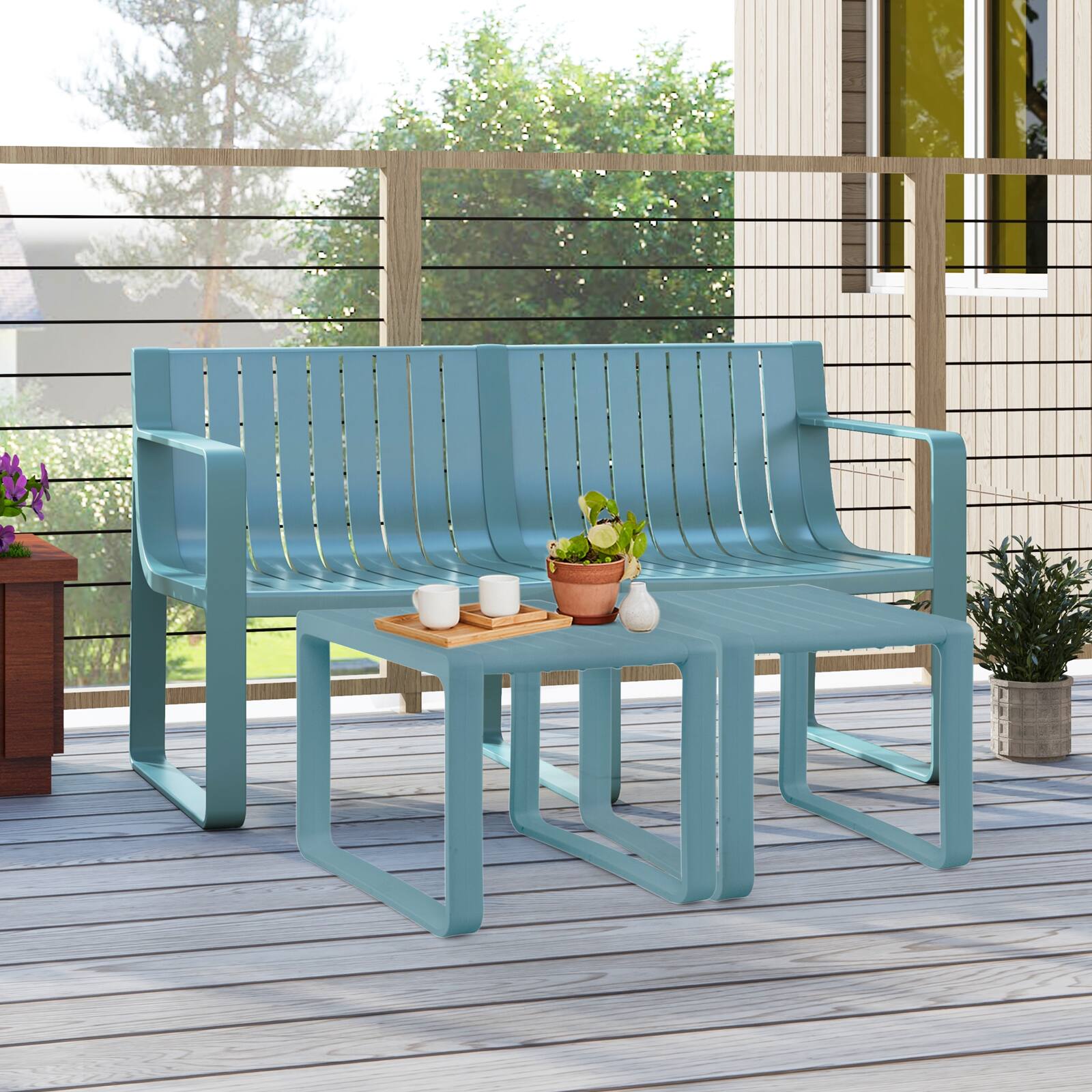 Alt View 1. Gymax - Gymax Patio Loveseat 2-Person Bench w/ Curved Backrest Slatted Design for Backyard Blue - Blue.