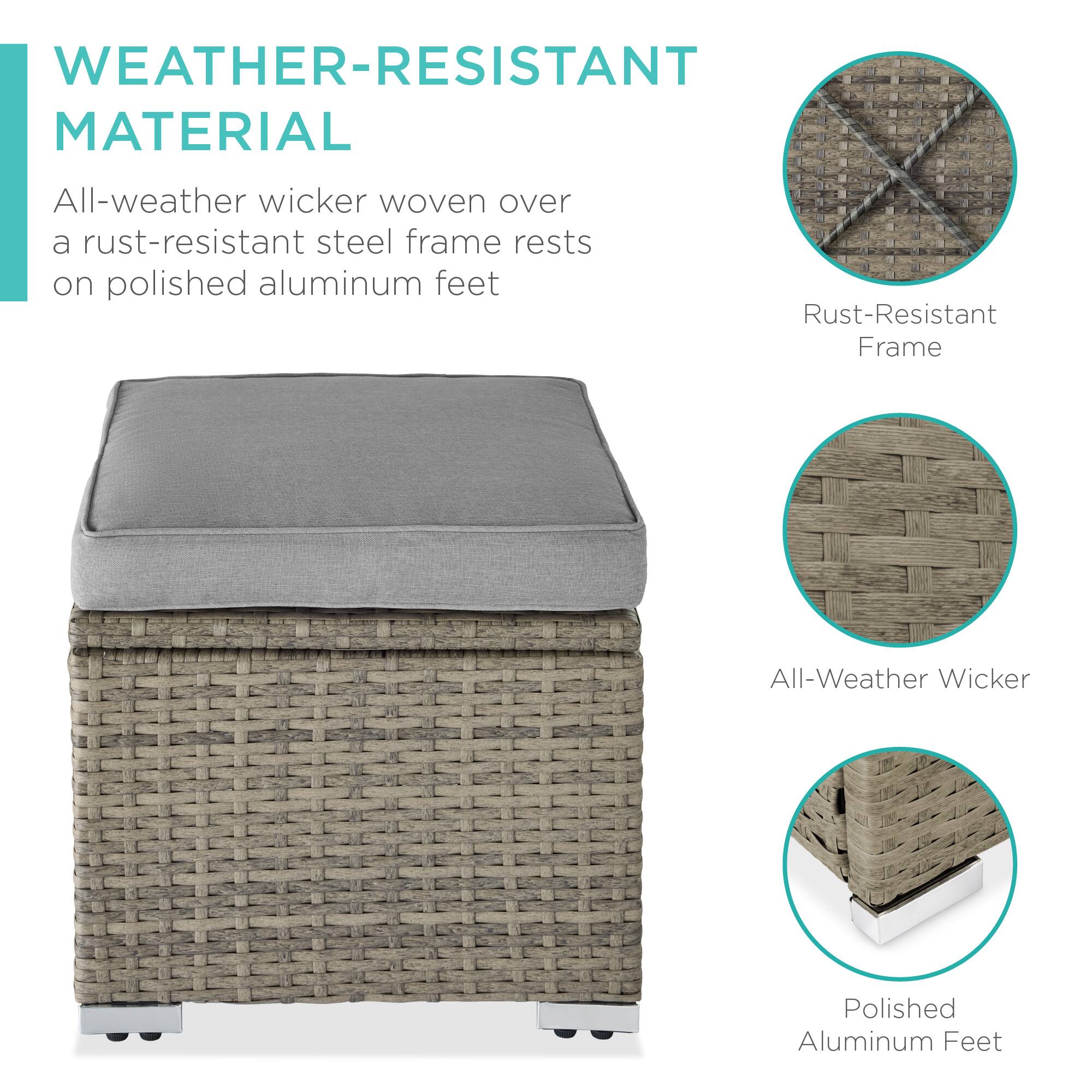 WEATHER-RESISTANT MATERIAL

All-weather wicker woven over a rust-resistant steel frame rests on polished aluminum feet

- Rust-Resistant Frame
- All-Weather Wicker
- Polished Aluminum Feet