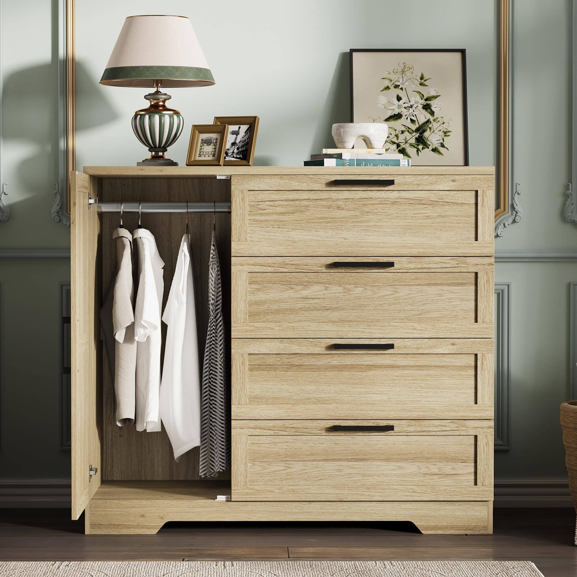 Front. GARVEE - Wood Armoire Wardrobe Closet Cabinet with 4 Drawers Door with Hanging Rod Natural Oak - Wood Color.