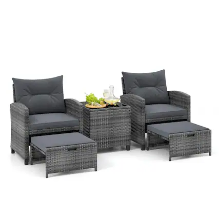 Front. Pefilos - 5 Piece Patio Rattan Furniture with 2 Ottomans and Tempered Glass Coffee Table - Gray.