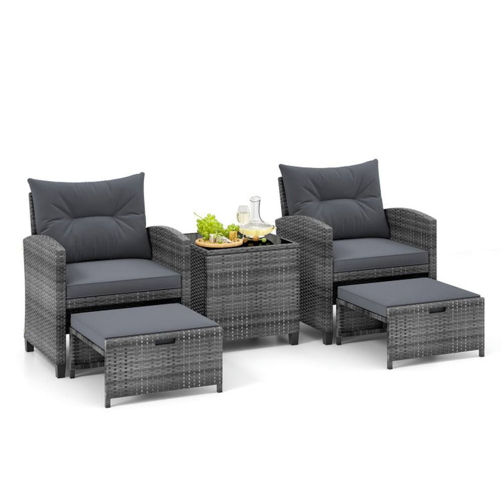 Front. Pefilos - 5 Piece Patio Rattan Furniture with 2 Ottomans and Tempered Glass Coffee Table - Gray.