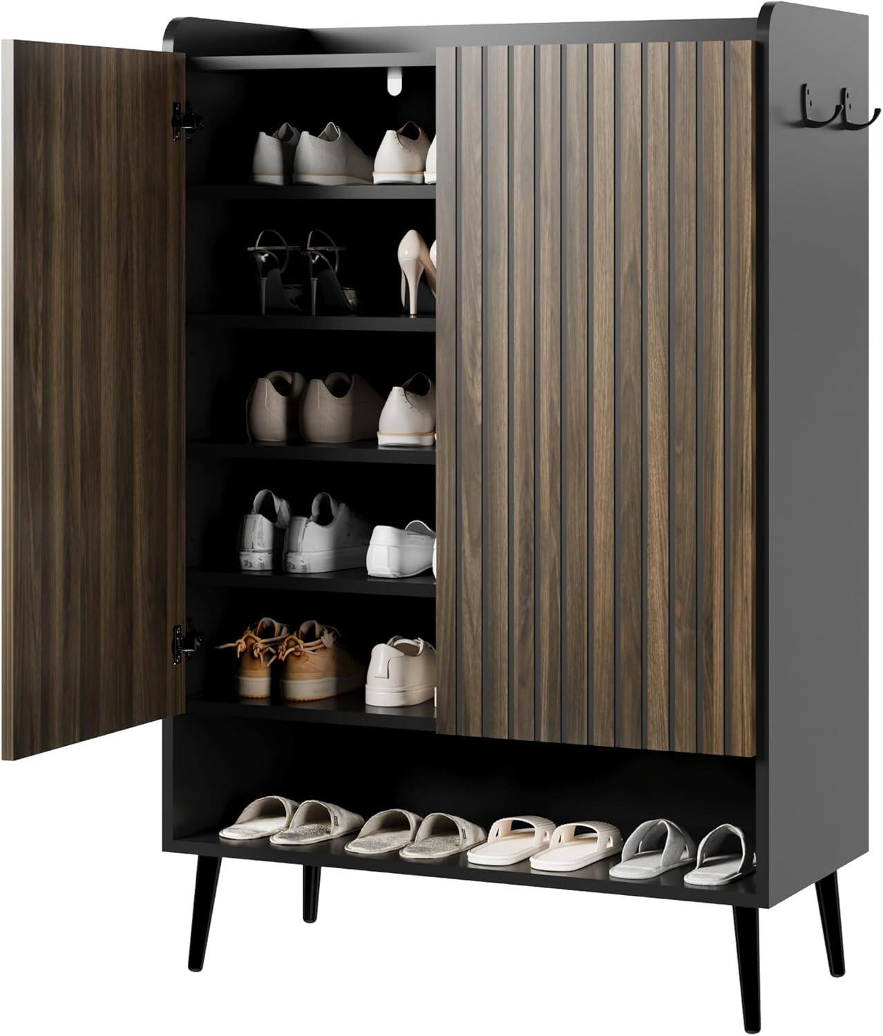 Alt View 4. Homhougo - Large Shoe Cabinet with Doors – 6-Tier Shoe Organizer with 2 Doors and Extra Hooks, Freestanding Shoe Storage - Black.