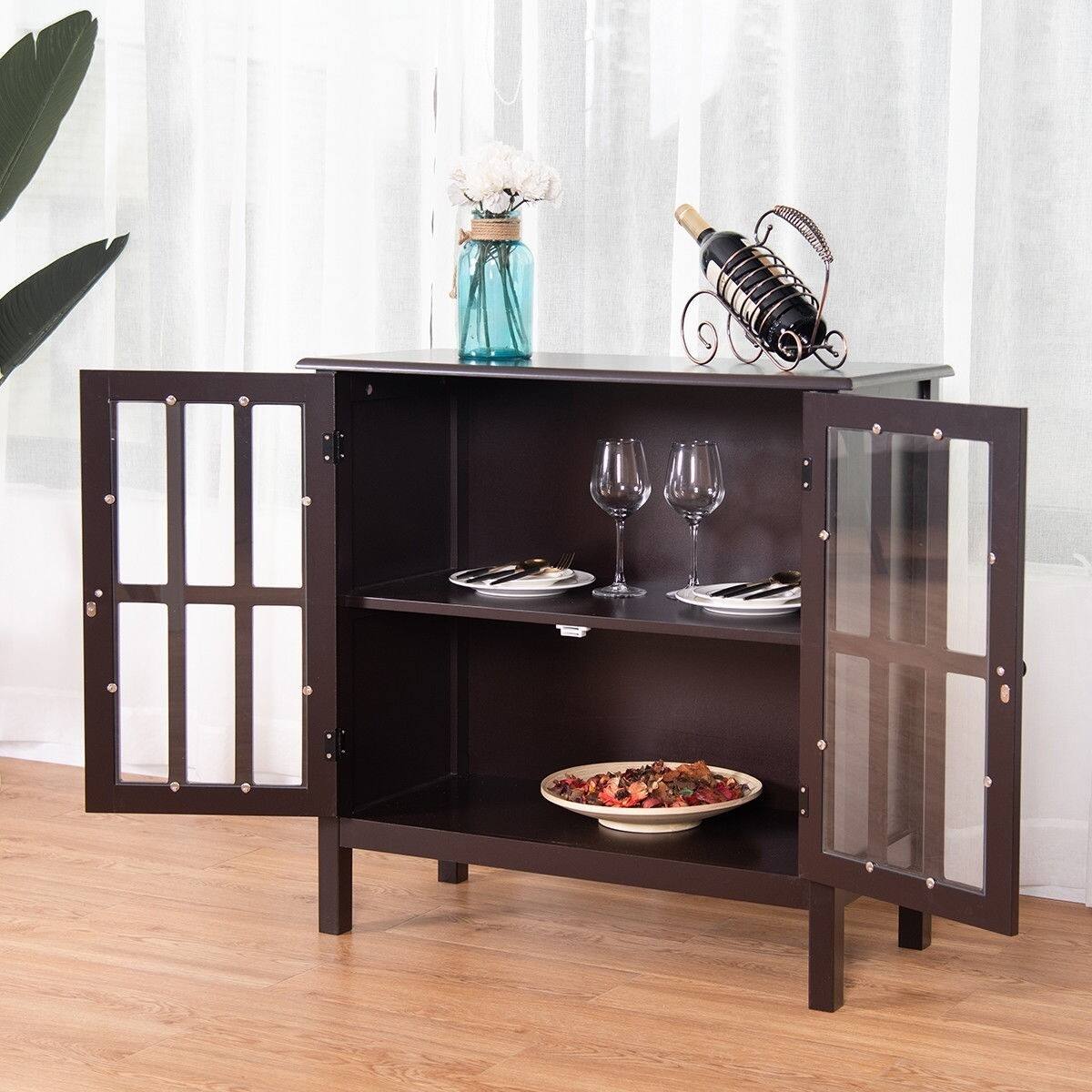 Alt View 1. Hivvago - Brown Wood Sideboard Buffet Cabinet with Glass Panel Doors - Brown.