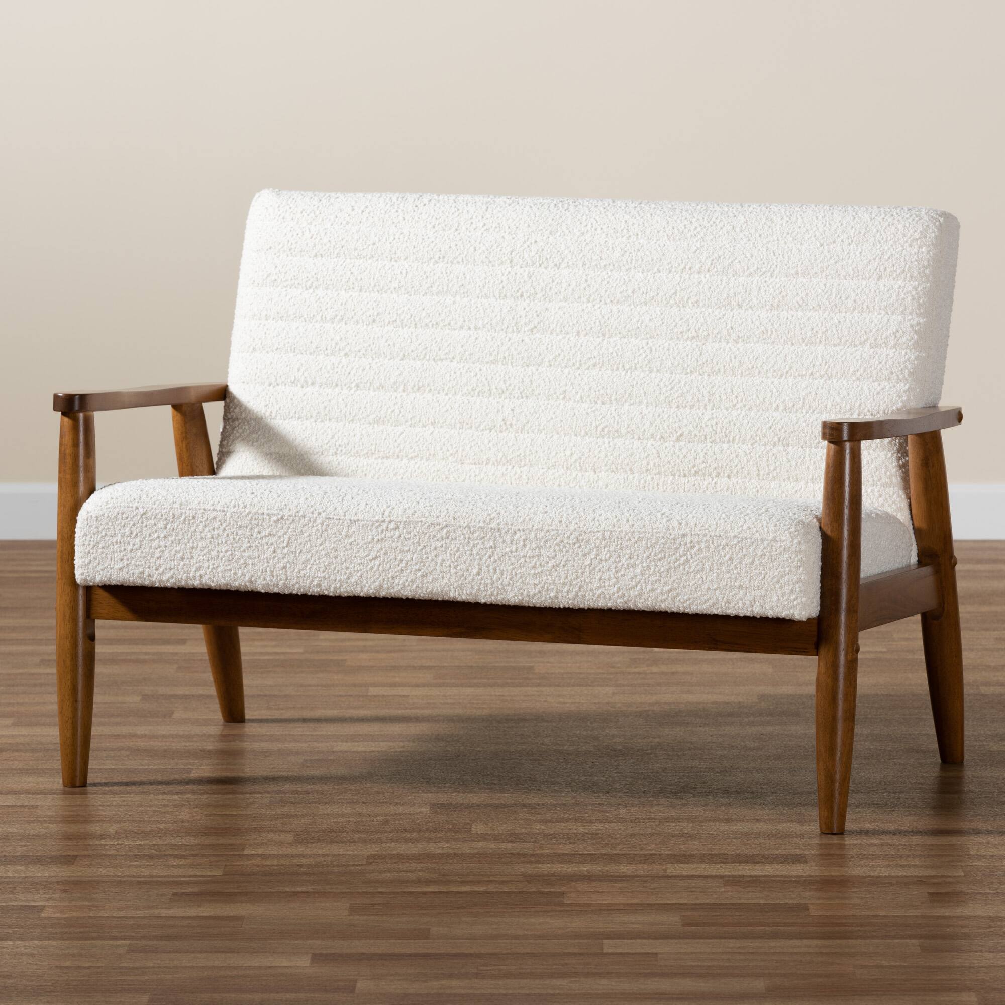 Alt View 5. Baxton Studio - Stratton Mid-Century Modern Boucle Fabric and Walnut Finished Wood Loveseat - White/Walnut Brown.