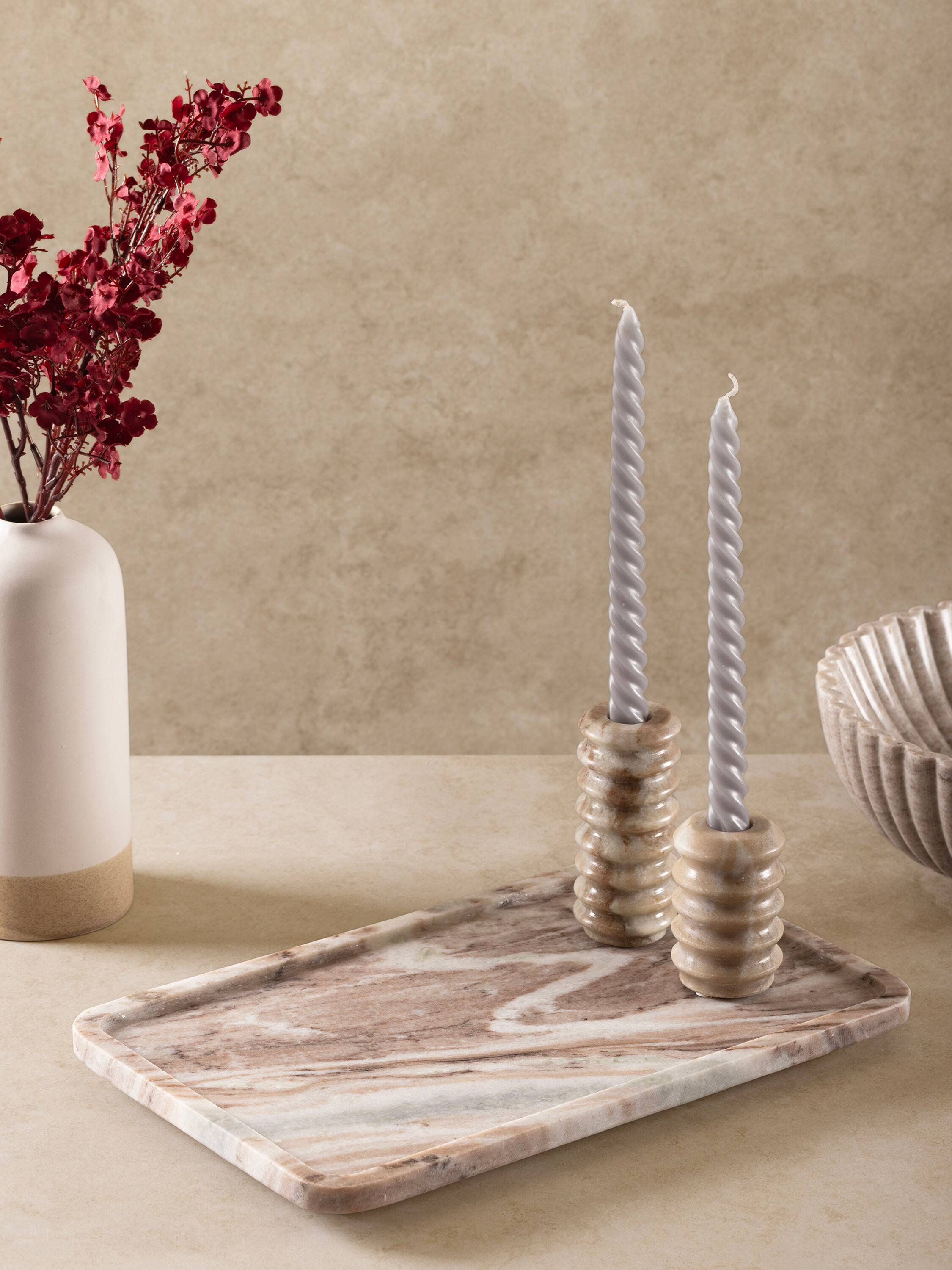 Left. GAURI KOHLI - Clover Marble Tray - Shades of beige, brown and gray.