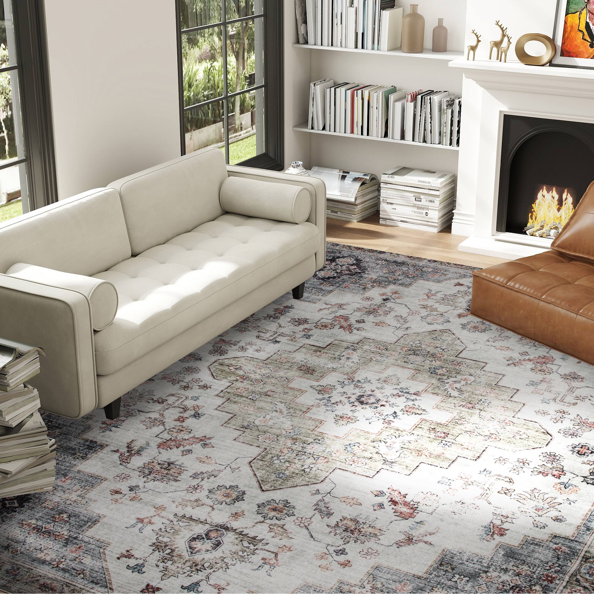 Alt View 2. Homcom - HOMCOM 8x10 Green Rug: Vintage Mach-Wash Non-Slip Distressed Carpet, Indoor Area Boho Style - Brown and Green.