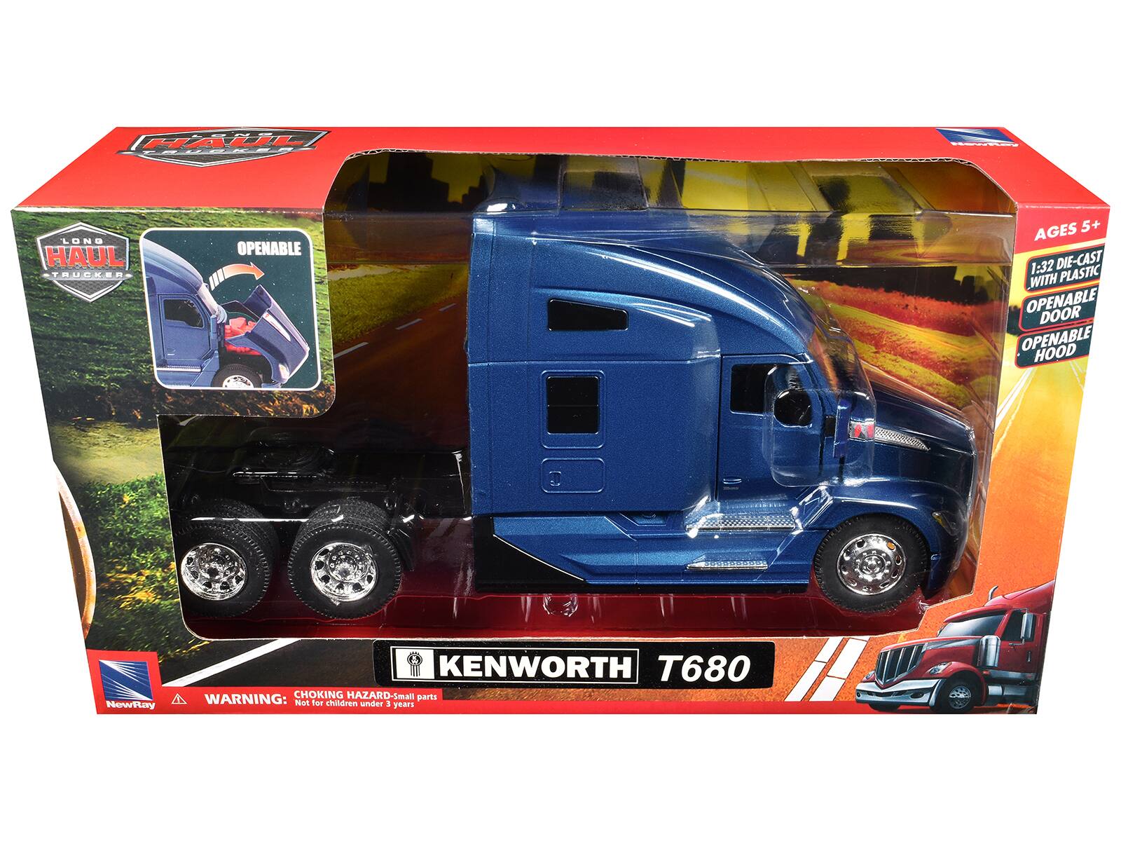 LONG HAUL TRUCKER  
KENWORTH T680  

AGES 5+  
1:32 DIE-CAST WITH PLASTIC  
OPENABLE DOOR  
OPENABLE HOOD  

WARNING: CHOKING HAZARD - Small parts  
Not for children under 3 years  

NewRay
