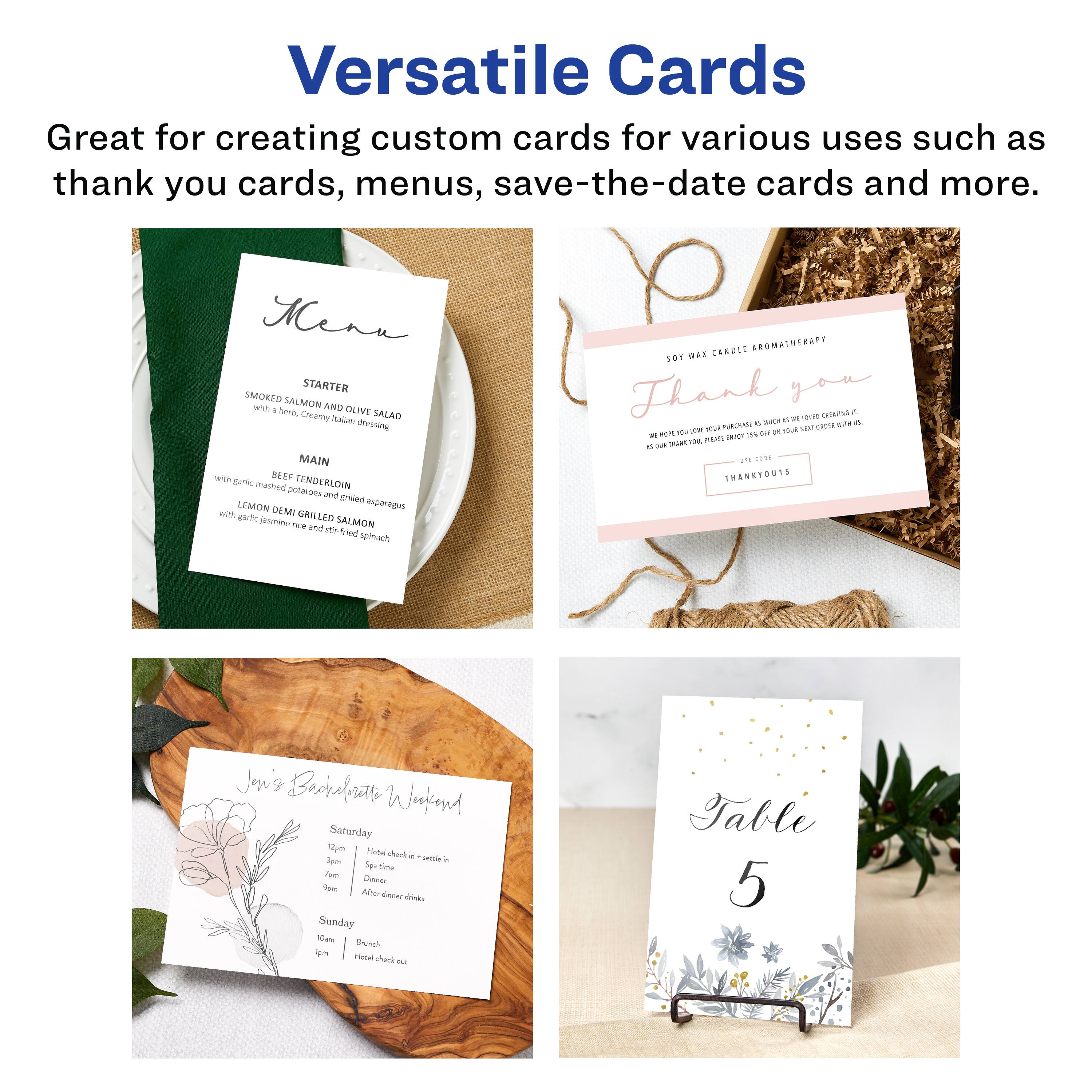 Versatile Cards

Great for creating custom cards for various uses such as thank you cards, menus, save-the-date cards and more.

STARTER
SMOKED SALMON AND OLIVE SALAD
with a hint of fresh, creamy Italian dressing

MAIN
BEEF TENDERLOIN
with garlic mashed potatoes and grilled asparagus
LEMON DEMI
with garlic-jasmine sauce

GRILLED SALMON
with sautéed spinach

SOY WAX CANDLE AROMATHERAPY
Thank you
WE LOVE TO CREATE - PLEASE ENJOY THIS AS A LITTLE GIFT FROM US. THANK YOU!

Jon's Bachelor Weekend
Saturday
12pm - Hotel check-in & settle in
3pm - Spa time
5pm - Dinner
7pm - After dinner drinks

Sunday
10am - Brunch
1pm - Hotel check out

Table 5