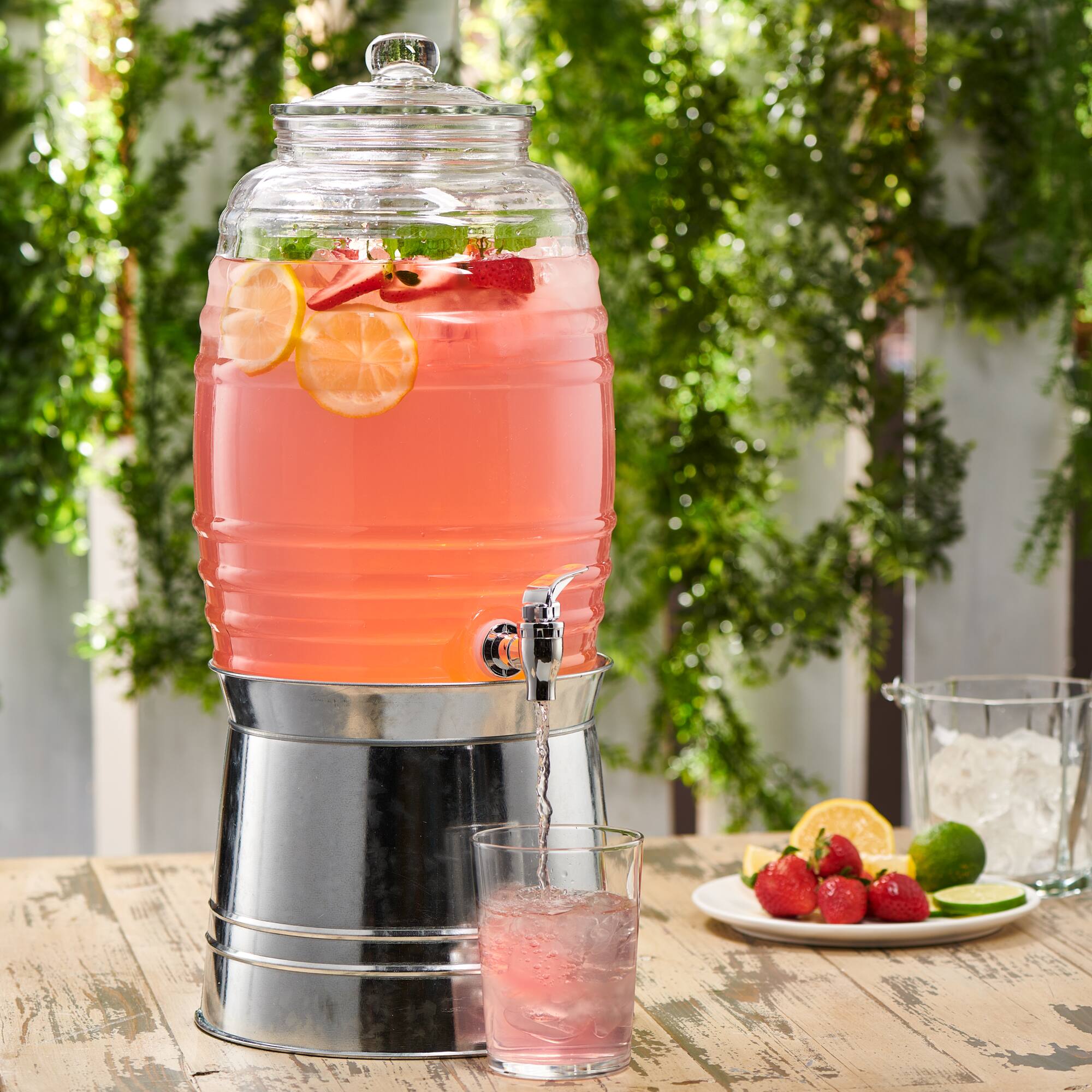 Back. Style Setter - Oak Grove Dispenser with Glass Lid & Galvanized Base 320 OZ. - Clear.