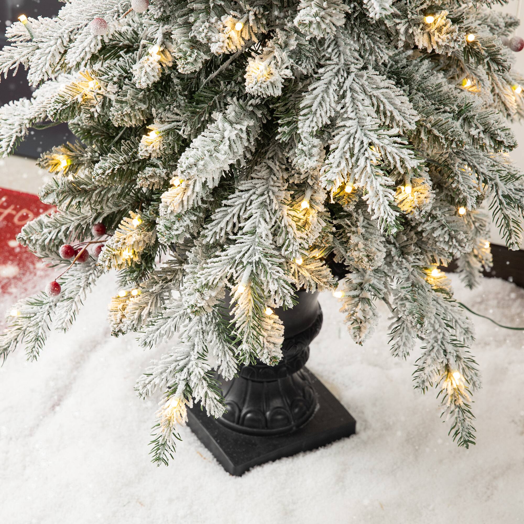 Alt View 9. Glitzhome - 5FT Pre-Lit Flocked Fir Artificial Christmas Porch Tree with 150 Warm White Lights and Red Berries - White.
