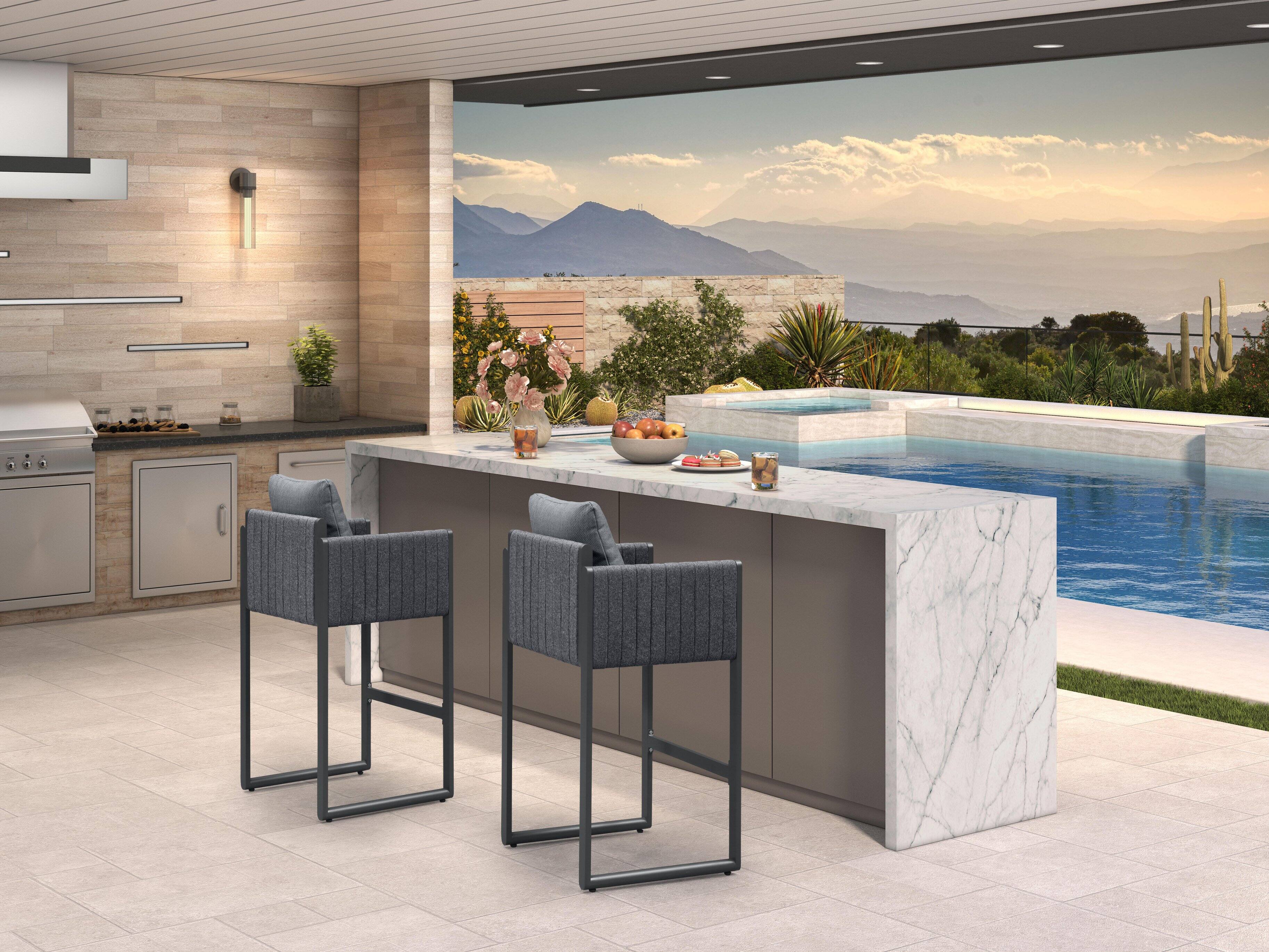 Alt View 2. PURPLE LEAF - Outdoor Bar Height Stool Set of 2 Aluminum Modern Olefin Barstools with Backrest Pillow for Garden Balcony Lawn - Grey & Oval Base-Bar Stool.