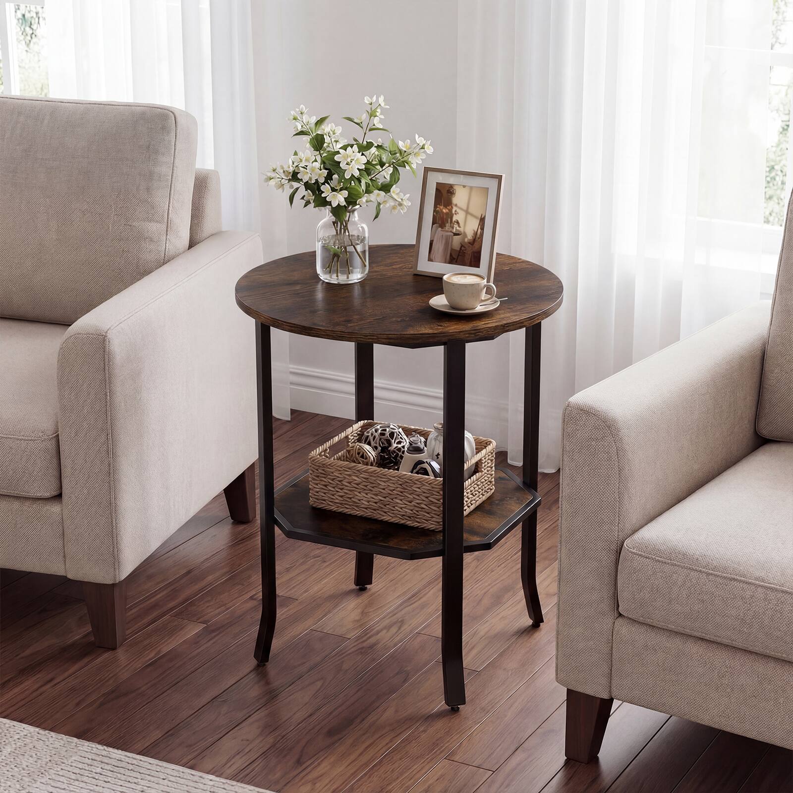 Alt View 3. Costway - Costway 1 PCS C-shaped Side Table 2-Tier End Table with Storage Modern Compact Snack Table - Brown.